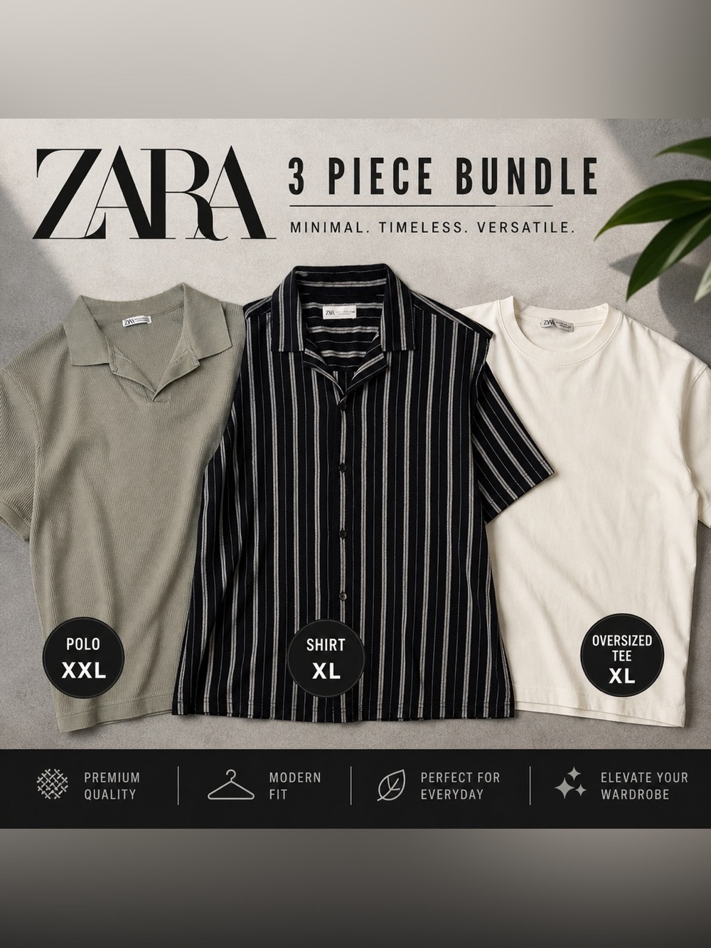 ZARA 3-Pack Oversized Tees & Polo Bundle XL/XXL Neutral Minimal